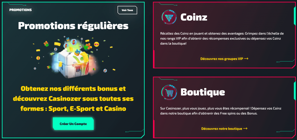 Offres promotionnelles et bonus Casinozer